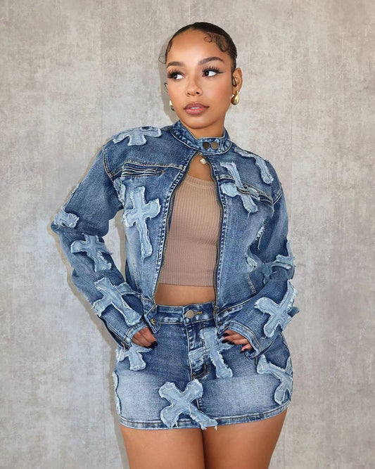 CROSS DENIM EMBROIDERED SKIRT JACKET SET