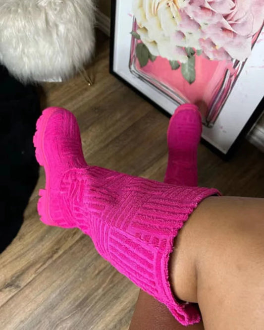 CHUNKY HEEL THERMAL TOWEL COTTON BOOTS