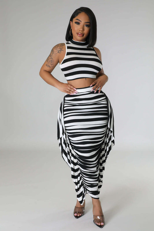 Black and White Striped Ruffled Skirt Two-piece Set