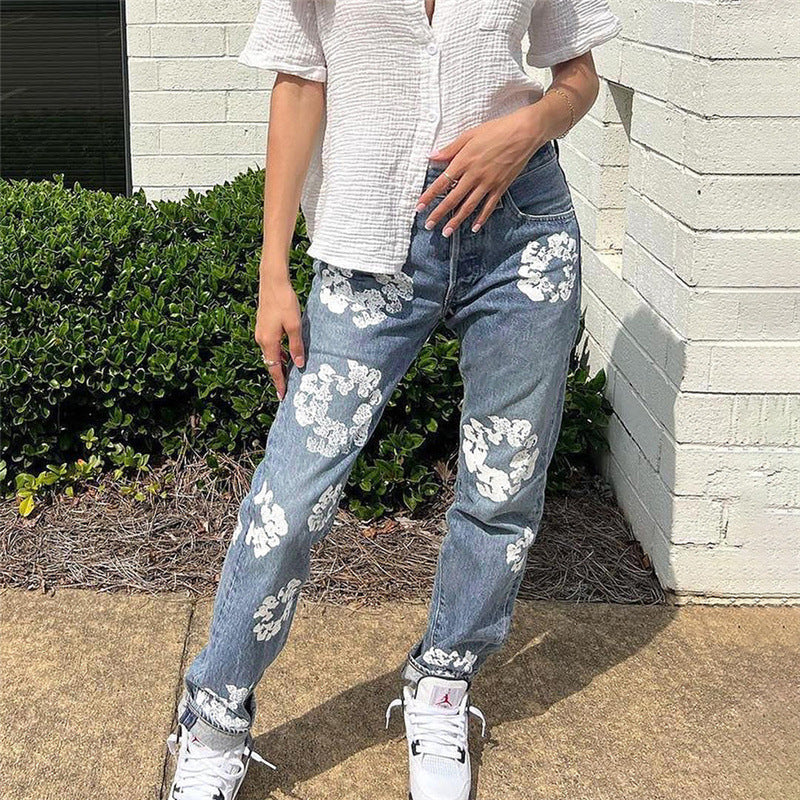 PRINTED HIGH WAISTED CASUAL STRAIGHT JEANS FOR WOMEN