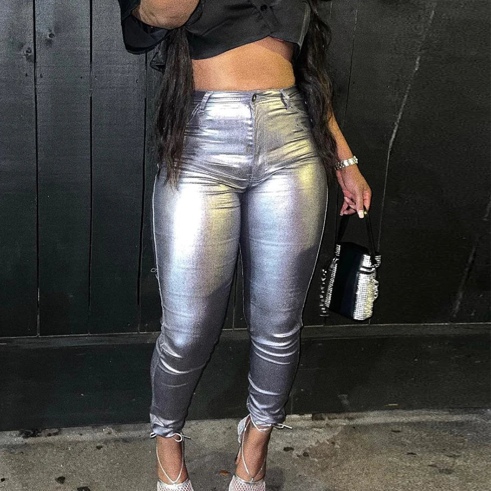 Slim Fit Buttocks Metallic Silver Hot Casual Pants - K-ELLE BEAUTY BOUTIQUE